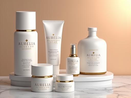 Elegant packaging for Aurelia Skincare products on a marble surface.