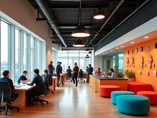 The interior of a vibrant and collaborative coworking space named Nexus Hub.