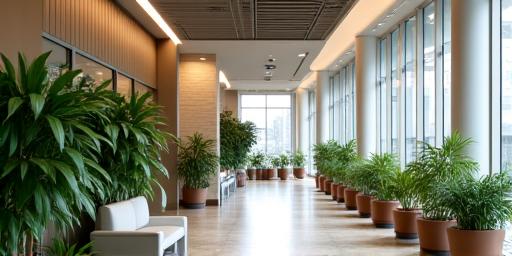 A modern, well-lit office lobby with minimalist furniture and green plants.