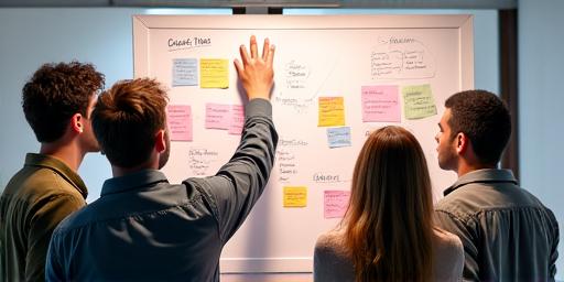 A diverse team collaborating around a whiteboard full of sticky notes.